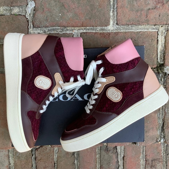 COACH High Top Sneakers C220 Tweed Oxblood/True Pink SZ 9 - Picture 1 of 15